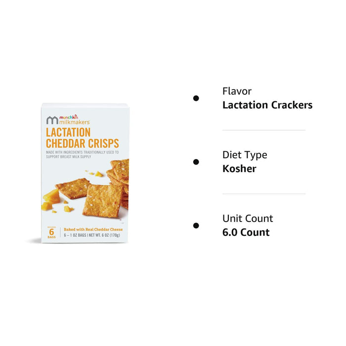 Munchkin Milkmakers Lactation Cheddar Crisps for Breastfeeding Moms with Oats and Flax, 6 Count