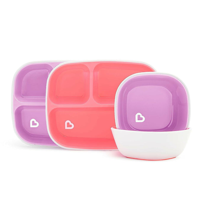 Munchkin Splash 4 Piece Toddler Divided Plate and Bowl Dining Set, Pink/Purple.