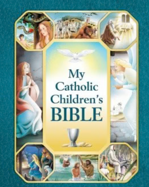Cover of 'My Catholic Children's Bible' with illustrations and text on a blue background