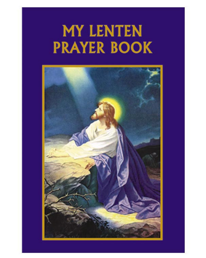 Cover of 'My Lenten Prayer Book' with an illustration of Jesus on a purple background