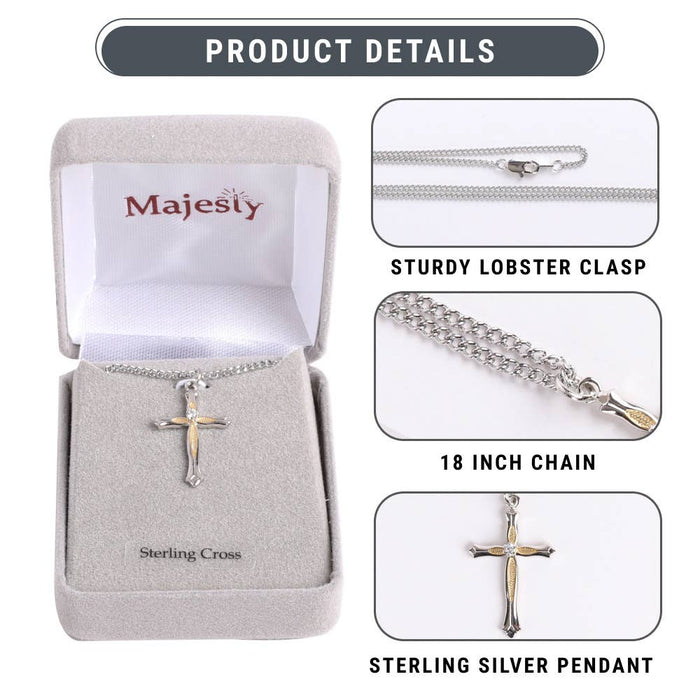 Sterling silver cross necklace with packaging and product details on a white background