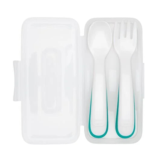 OXO Tot On-The-Go Plastic Fork And Spoon Set With Travel Case (Teal)