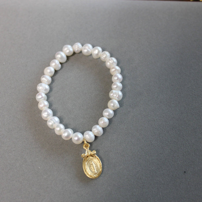 Pearl Stretch Charm Bracelet with Virgin Mary Medal