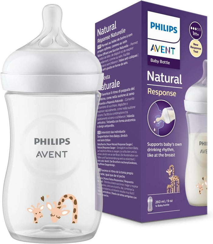 Philips Avent Natural Response Baby Bottle - 260ml, BPA Free 1 Month+, Giraffe Pattern
