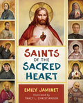 Book cover of 'Saints of the Sacred Heart' with images of saints and Jesus with central text.