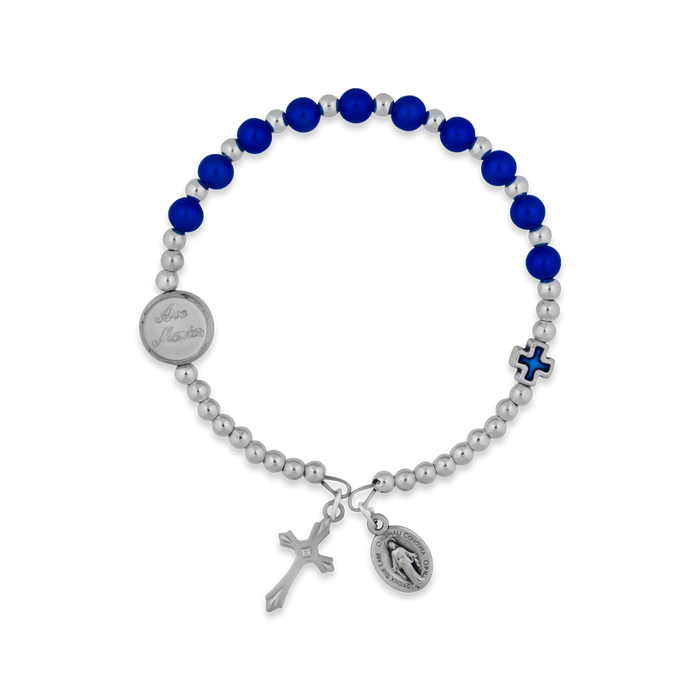 Bracelet with blue beads and silver charms on a white background