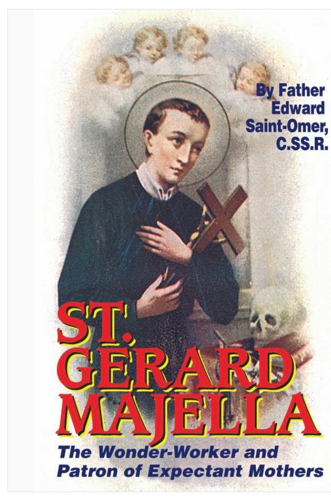 Book cover of 'St. Gerard Majella' by Father Edward Saint-Omer with illustration of woman holding a cross