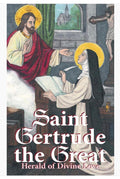 Illustration of a religious scene with a saint and a nun, featuring text about Saint Gertrude the Great.