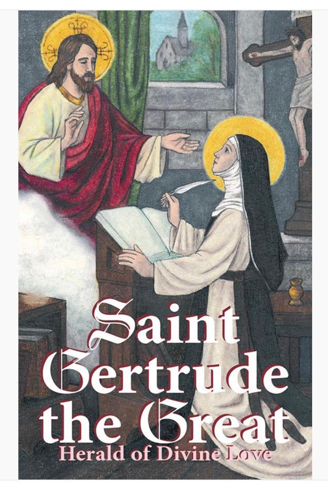 Illustration of a religious scene with a saint and a nun, featuring text about Saint Gertrude the Great.