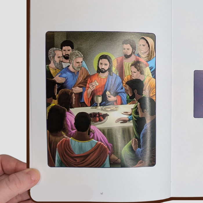 Illustration of a religious scene with figures around a table, held open by a hand.