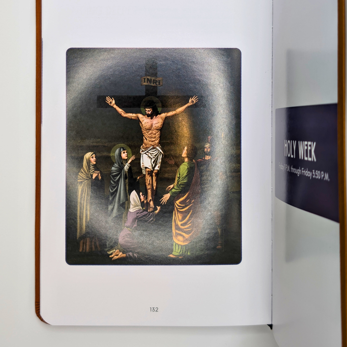 Illustration of Jesus on the cross with mourners, from a book.