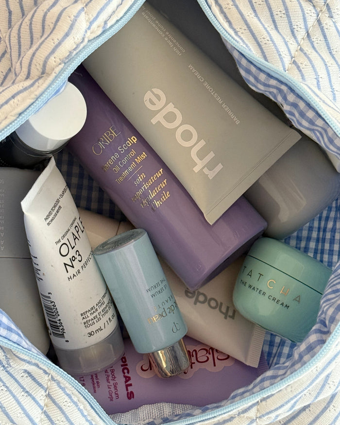 Striped blue makeup bag