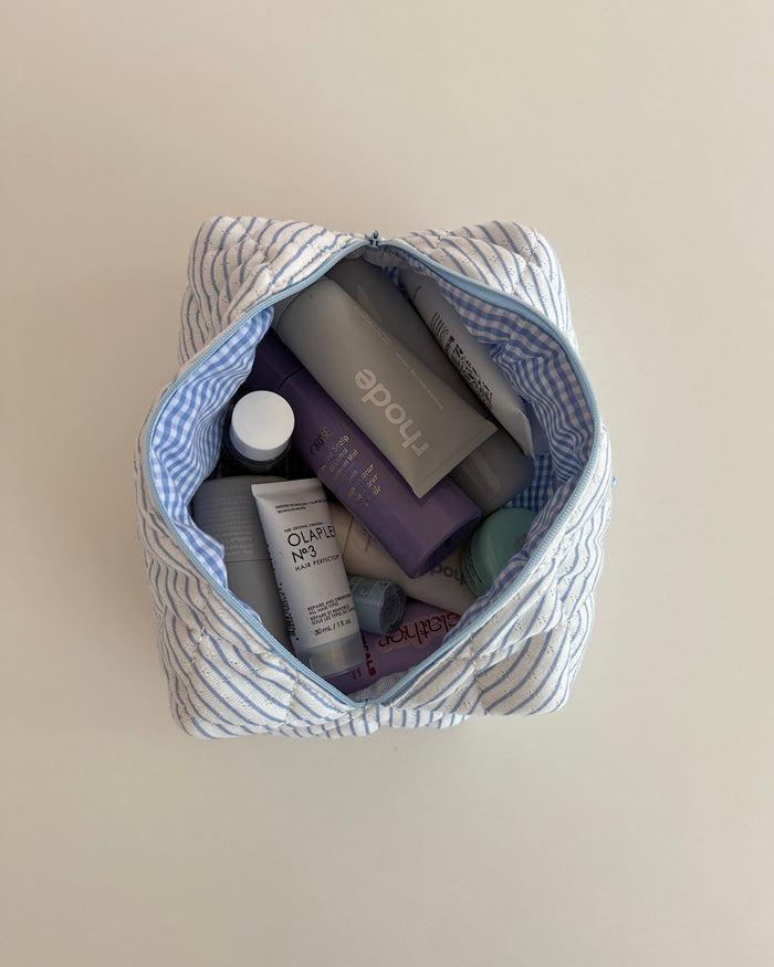 Striped blue makeup bag