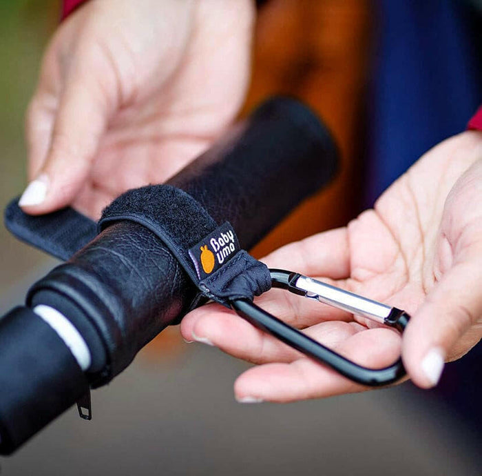 Stroller Hooks by Baby Uma - Strap, Clip or Hang a Diaper Bag to Your Pram or Buggy - Black, 2 Pack.