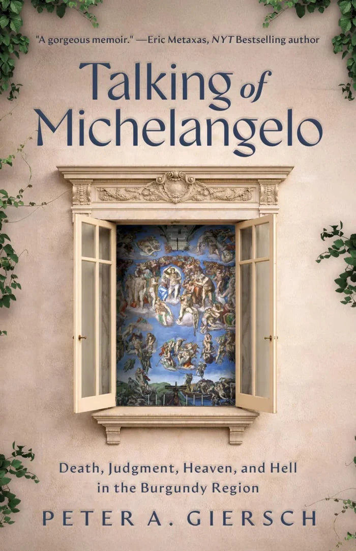 Book cover of 'Talking of Michelangelo' with an open window and artwork, surrounded by greenery.