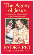 Book cover of 'The Agony of Jesus' by Padre Pio with a red background and image of a religious figure.