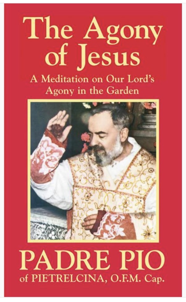 Book cover of 'The Agony of Jesus' by Padre Pio with a red background and image of a religious figure.