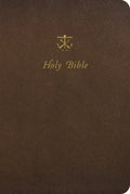 Brown leather Bible cover with gold embossed text and logo