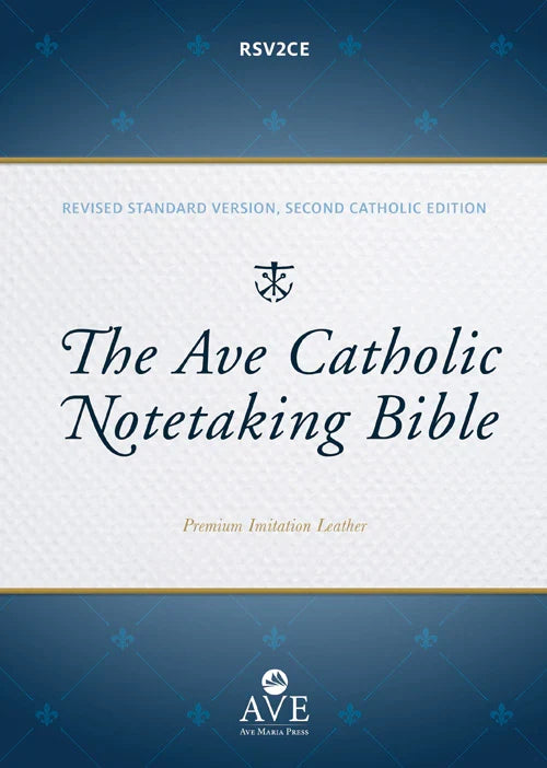 Front cover of The Ave Catholic Notetaking Bible, Revised Standard Version, Second Catholic Edition, featuring a cream center panel with navy title text and a blue patterned border, with the Ave Press logo at the bottom.