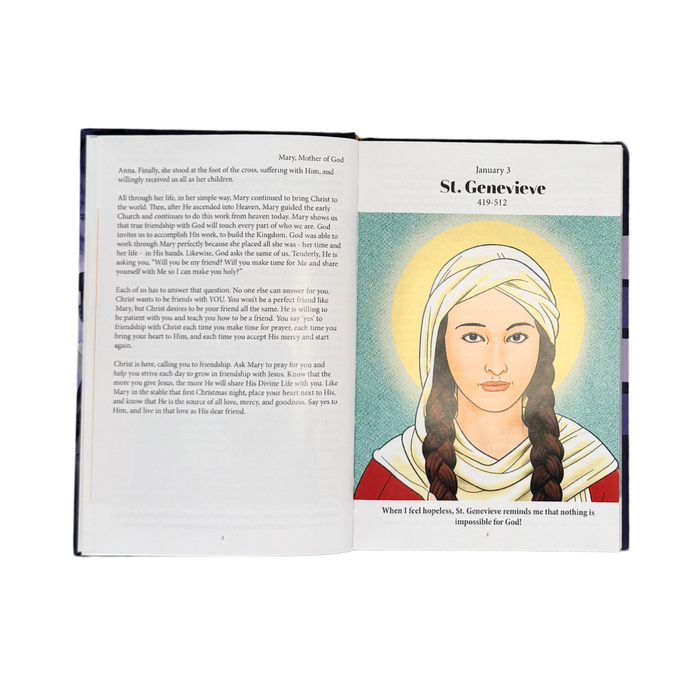 Open book with an illustration of St. Genevieve on a white background