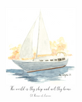Sailing boat illustration with sunset and quote on a white background