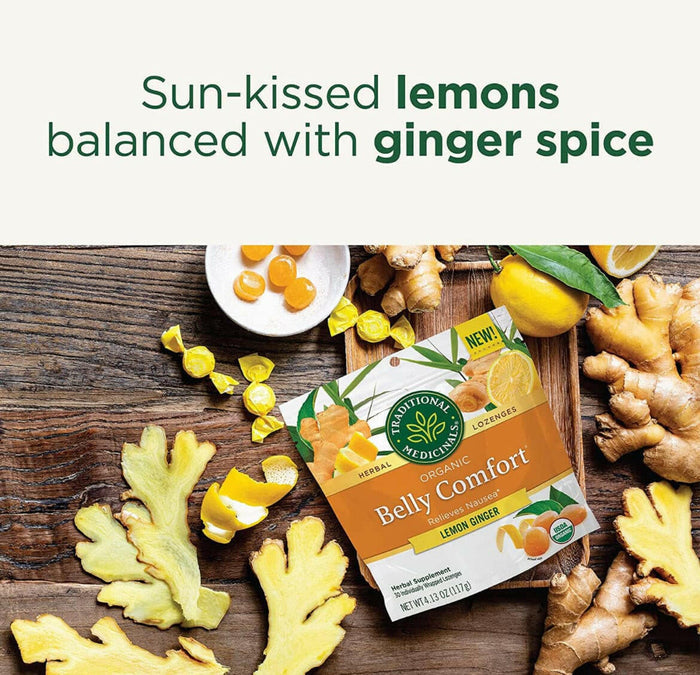Traditional Medicinals Organic Belly Comfort Lemon Ginger Lozenges - Nausea Relief - 30 Count.