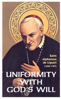 Book cover of Saint Alphonsus de Liguori with text 'Uniformity with God's Will' on a brown background