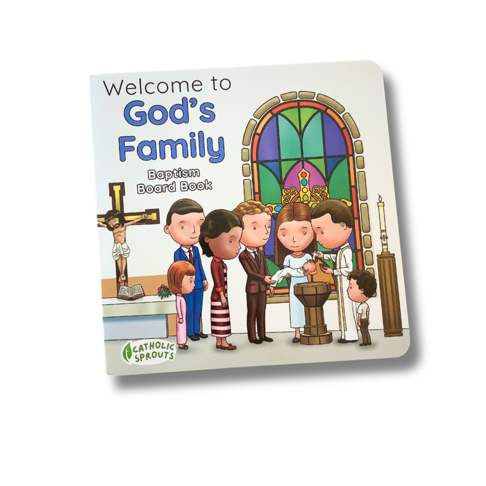 Board book titled 'Welcome to God's Family' with a religious illustration on the cover.