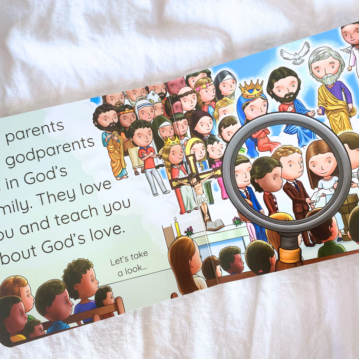 Children's book with illustrated characters on a white surface