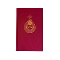 Red book with gold emblem and cross on a white background